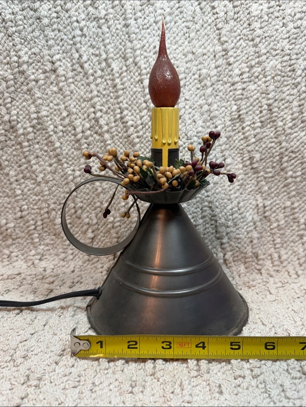 Black Metal Lantern Candle Accent with Burgundy Flame and Yellow Candle Sleeve